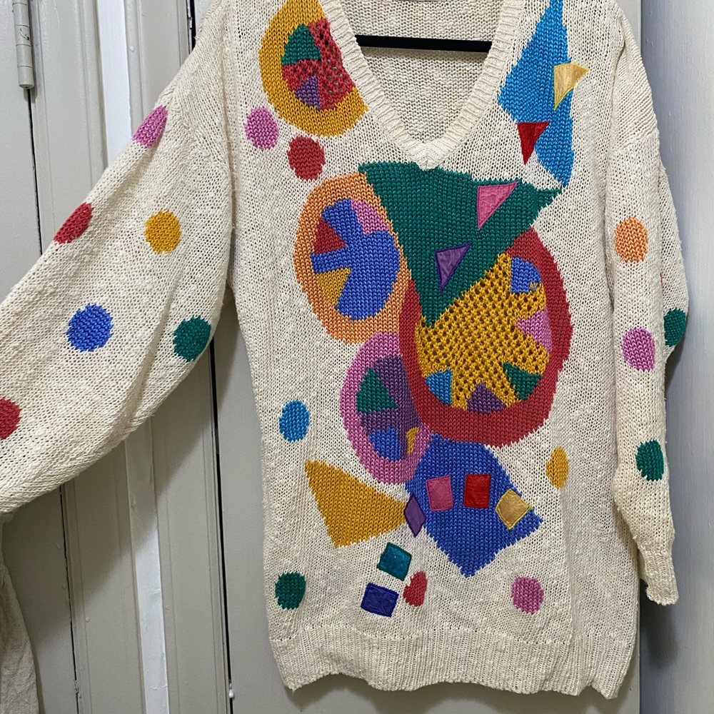 Vintage 80s Colorful Geometric V-Neck Sweater